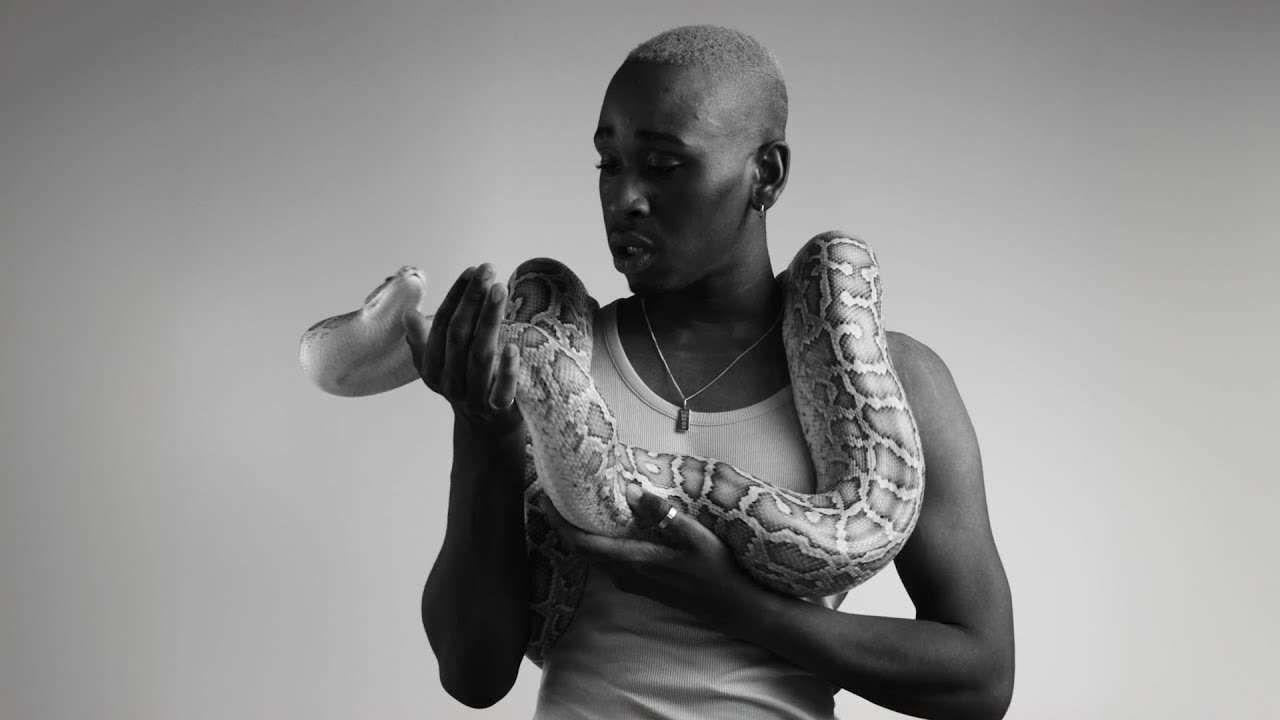 Black and white: a performer in a vest holds a python draped around their shoulders